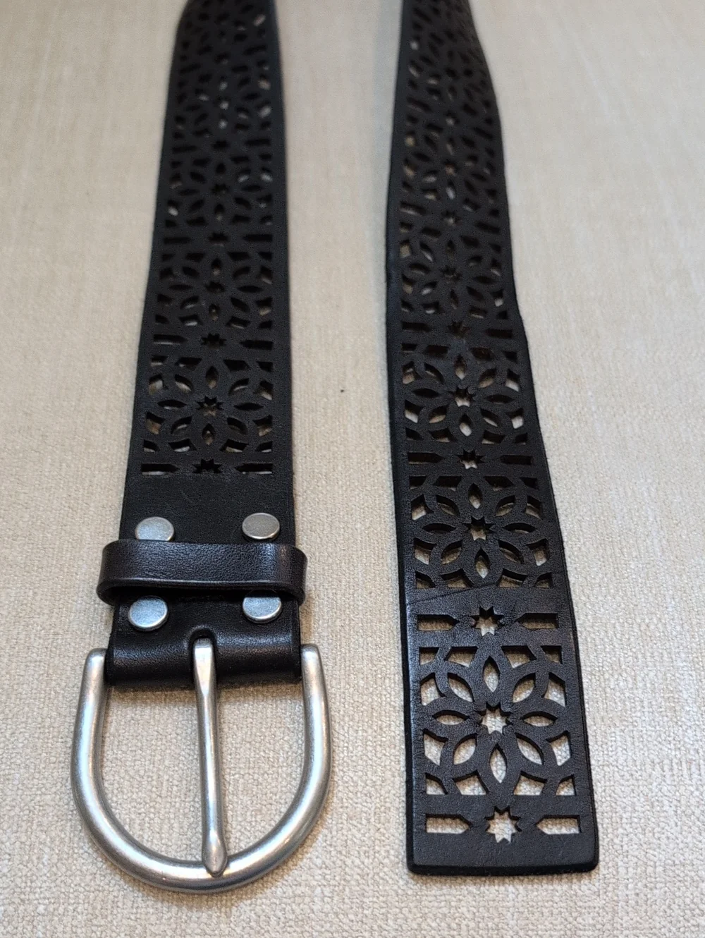 Black Laser-Cut Floral Leather Belt Silver Buckle Adjustable
